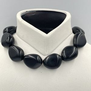 Chaps Large Black Stones Chunky Statement Necklace Choker 18" / 1.5" Beads Gloss